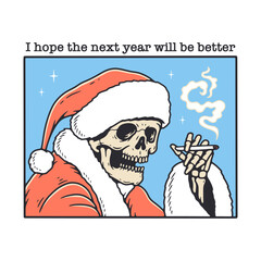 SKELETON SANTA CLAUS WITH A CIGARETTE COLOR WHITE BACKGROUND