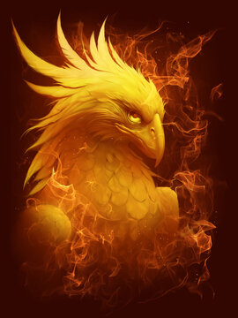 Burning Phoenix Head On The Dark Background. Digital Painting.