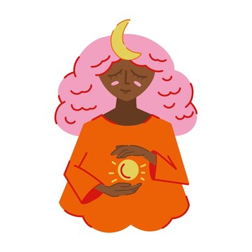 recommend clip art: Woman with magic sphere. Vector witch illustration with moon om head. Halloween clip art illustration