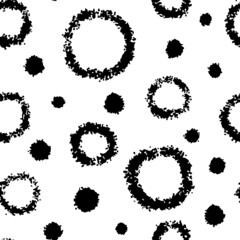 Black ink circles, balls, rings, bubbles isolated on white background. Monochrome geometric seamless pattern. Vector simple flat graphic hand drawn illustration. Texture.