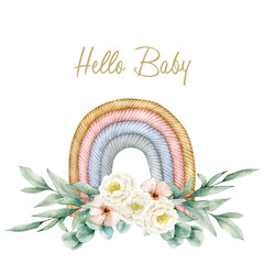 Watercolor illustration card hello baby with floral composition and rainbow. Isolated on white background. Hand drawn clipart. Perfect for card, postcard, tags, invitation, printing, logo.
