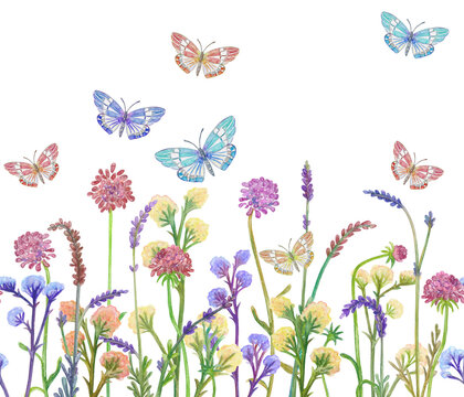 colorful seamless border with meadow wild flowers and plants, flying butterflies around. watercolor painting