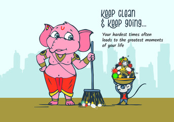 Celebrating Lord Ganesha Festival. A funny cartoon of lord Ganesha spreading the social message of Clean India and Corona awareness.  