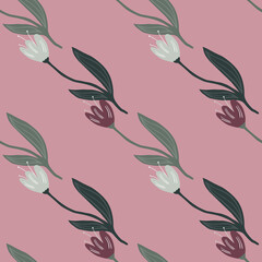 Vintage tulip seamless pattern on pink background.