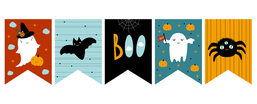 Funny Hand Drawn Halloween Vector Bunting. White Ghosts, Black Bat and Spider. Hand Written Happy Halloween and Boo. Starry Night, Orange, Black and Blue Design