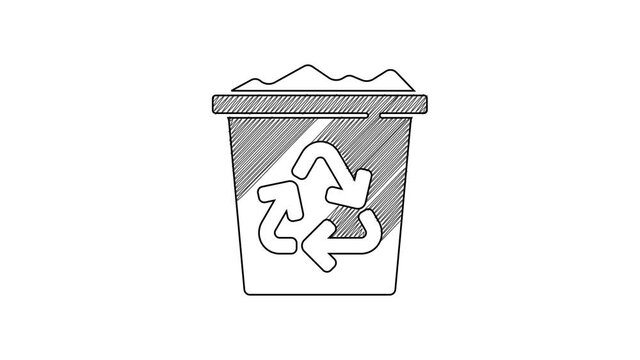 Black line Recycle bin with recycle symbol icon isolated on white background. Trash can icon. Garbage bin sign. Recycle basket sign. 4K Video motion graphic animation