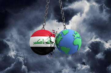 Obraz premium Iraq flag ball smashing into planet earth. Global impact and disaster concept. 3D Render
