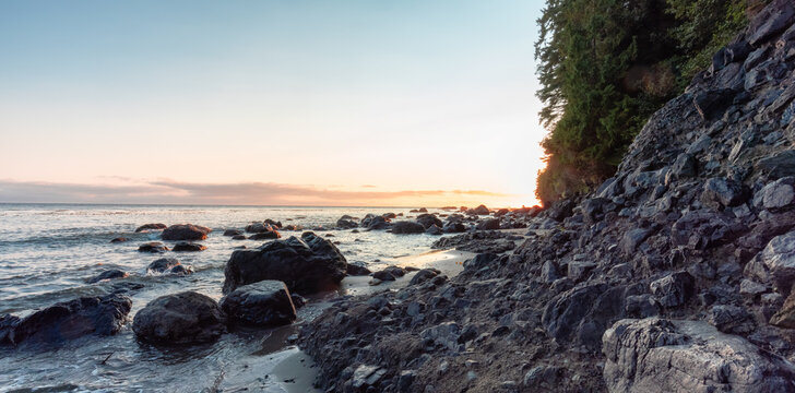 Mystic Beach on the West Coast of Pacific Ocean. Summer Sunny Sunset. Canadian Nature Landscape Background. Located near Victoria, Vancouver Island, British Columbia, Canada.