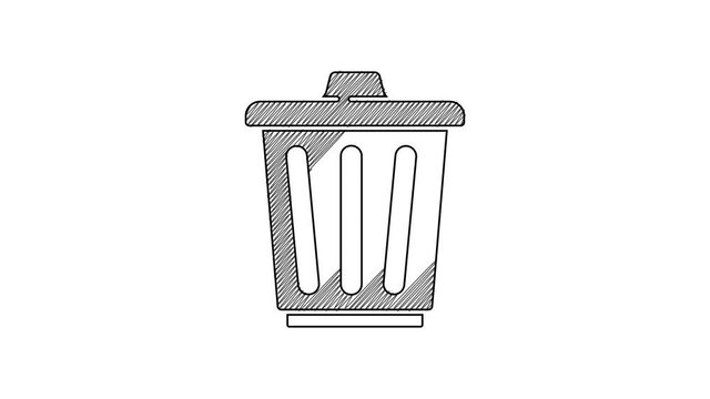 Black line Trash can icon isolated on white background. Garbage bin sign. Recycle basket icon. Office trash icon. 4K Video motion graphic animation