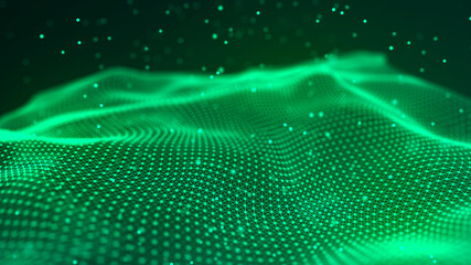 Digital technology background. Abstract dynamic wave of connected dots and lines on dark background. Wave of bright particles. Big data. 3d rendering.