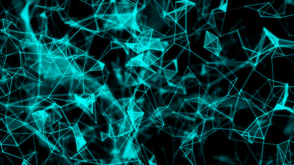 Digital technology background. Abstract dynamic wave of connected dots and lines on dark background. Wave of bright particles. Big data. 3d rendering.