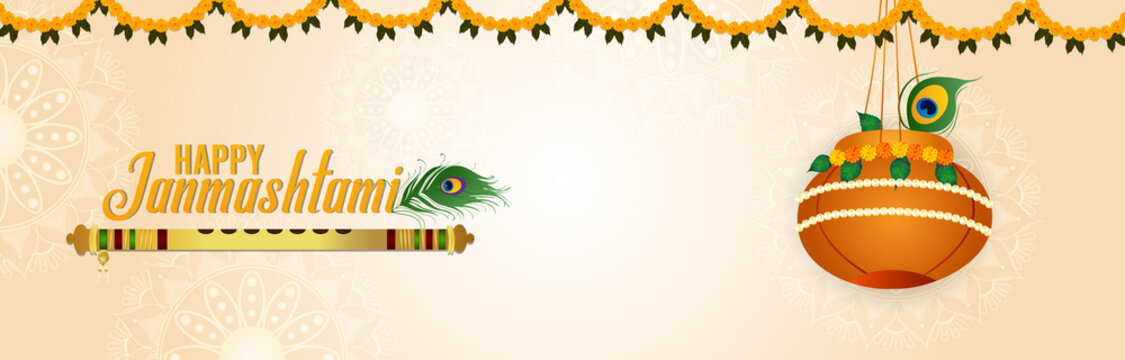 Happy krishna janmashtami celebration banner with makhan mataki