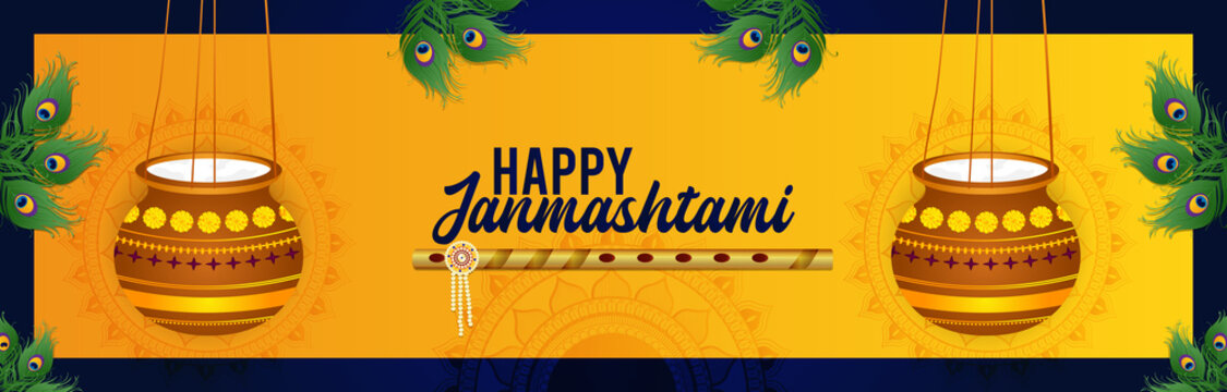 Happy krishna janmashtami celebration banner with makhan mataki