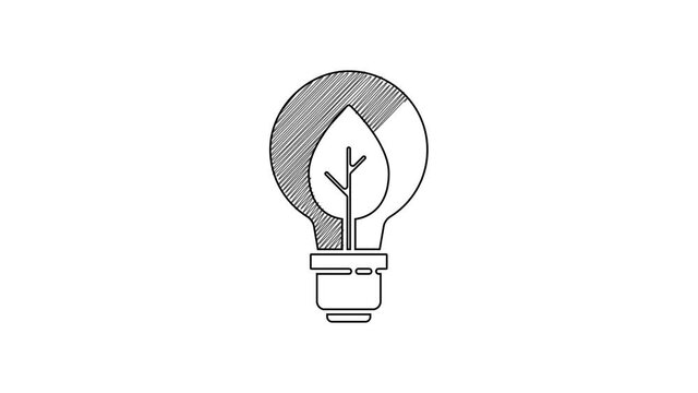 Black line Light bulb with leaf icon isolated on white background. Eco energy concept. Alternative energy concept. 4K Video motion graphic animation