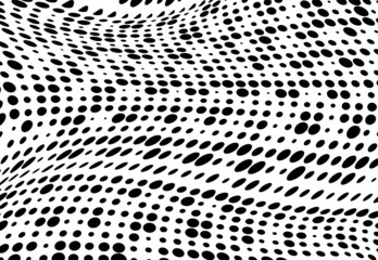 Vector modern optical texture of pop art. Abstract halftone wave dotted background. Futuristic twisted grunge pattern, dots, circles