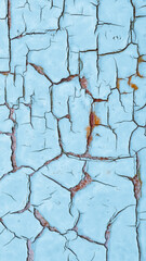 Cracked light blue paint on a rusty iron surface. Abstract tinted vertical background or backdrop. Vintage mobile phone wallpaper. Flakes of old flaky paint