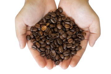top view of roasted coffee beans in the palms isolated on white background