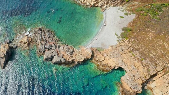 4k drone flying over footage (Ultra High Definition) of Exo Kapi beach. Astonishing summer scene of Peloponnese peninsula, Greece, Europe. Aerial seascape of Ionian sea..