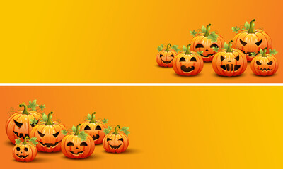 Halloween yellow banners with cute pumpkins. Vector illustration.
