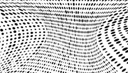 Vector modern optical texture of pop art. Abstract halftone wave dotted background. Futuristic twisted grunge pattern, dots, circles