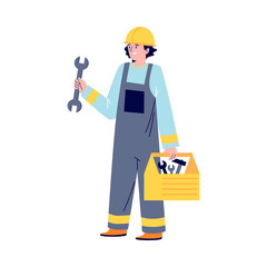 Vector flat cartoon illustration of repairman at gas or oil factory, builder holding wrench and tools in his hands. Concept of character is isolated on white background.