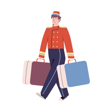 Smiling bellboy in retro uniform carries suitcases. Vector flat cartoon illustration of hotel staff's character at work isolated on white background.