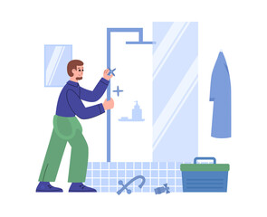 Plumber fixing broken pipes in bathroom, flat vector illustration isolated.