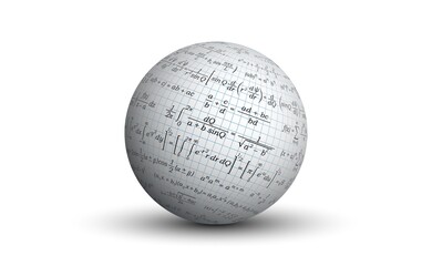 Background for a presentation on mathematics. Formulas for mathematics on an isolated ball. A white three-dimensional sphere with graphic images of the paper texture and a set of formulas.