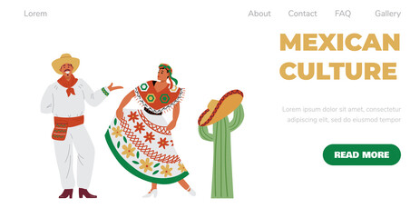 Mexican culture website for traveling to Mexico, flat vector illustration.