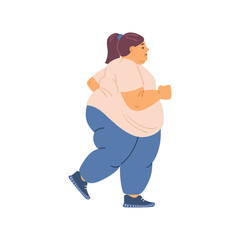 Overweight fat woman running or jogging, flat vector illustration isolated.