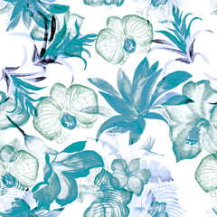 Green Hibiscus Leaves. Turquoise Flower Texture. Watercolor Wallpaper. Floral Garden. Seamless Illustration. Pattern Texture. Tropical Palm. Fashion Painting.