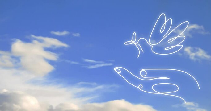 An open palm and a dove with an olive branch. One line drawing on a blue sky background. Symbol of peace, church, holy spirit. Empty space for text.