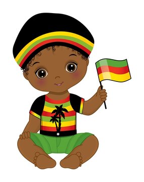 Reggae African American Baby Boy Holding Flag. Vector Reggae Black Baby Boy