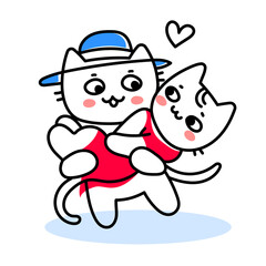 Vector Romantic Illustration of Love Cute Cat Character Carry Girl Cat in Arms on White Background, Line Art