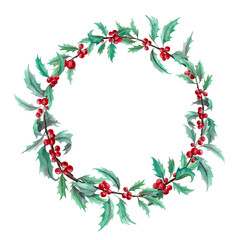 Watercolor Christmas Holly Wreath. Circle Frame with red berries and green leaves. Hand drawn botanical Border on white isolated background for greeting cards or wedding invitations
