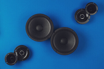 Car audio system. A set of speakers on a blue background