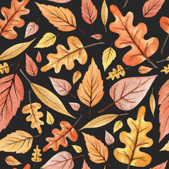 Hand drawn autumn watercolor pattern. Atumn falling leaves. Seamless texture. Yellow, orange, red, brown colors. Natural endless ornament.