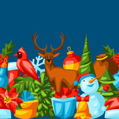Merry Christmas seamless pattern. Holiday background in cartoon style.