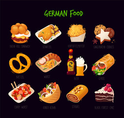 Variety of famous german foods snacks and dishes. Set of isolated vector meal illustrations with names. Traditional cuisine and street food icons.
