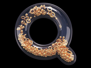Black and gold font. Letter Q.