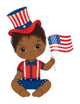 Patriotic Cute Black Baby Boy Holding American Flag and Wearing Uncle's Sam Hat. Vector Black Little Boy
