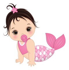 Cute Little Baby Mermaid with Pink Fishtail. Vector Baby Mermaid
