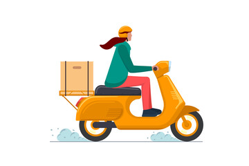 Fototapeta na wymiar Express delivery service female courier on moped. Online fast logistic woman on motor scooter with orders parcel box. Goods or food carrying vector eps isolated flat illustration