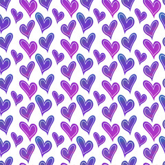 Seamless pattern with violet and purple hearts. Romantic background.
