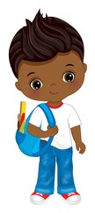 School African American Boy Holding Backpack. Vector School Black Boy