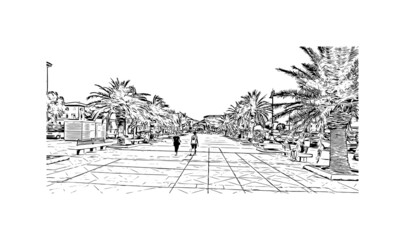 Building view with landmark of La Maddalena is the 
commune in Italy. Hand drawn sketch illustration in vector.