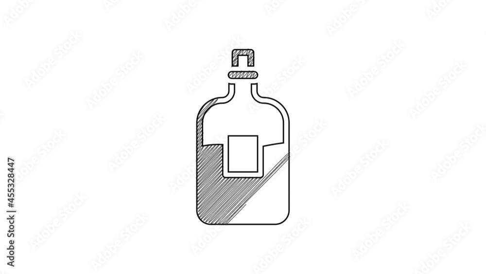 Sticker Black line Glass bottle of vodka icon isolated on white background. 4K Video motion graphic animation