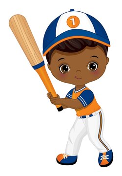 Cute African American Little Boy Playing Baseball. Vector Baseball Boy