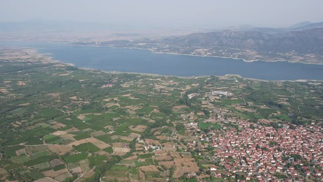 Aerial drone view over Polyphytos Artificial Lake, Larissa, Greece.