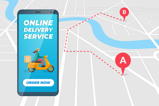 Safe contactless delivery service app on smartphone screen with woman courier in moped helmet on motor scooter delivering package box. Online ordering route mobile application on city map. Vector